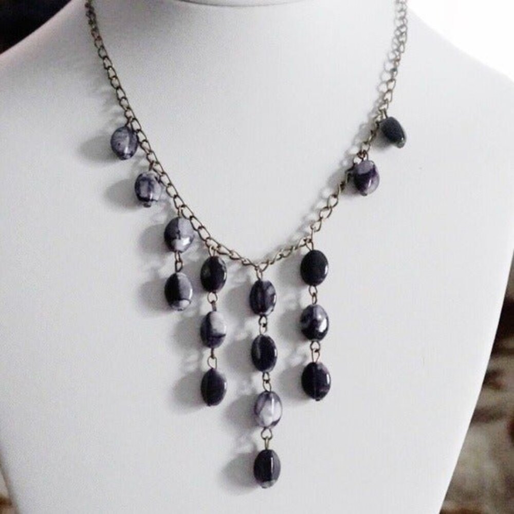 Beaded Bib Statement Necklace Antiqued Gold Tone Chain